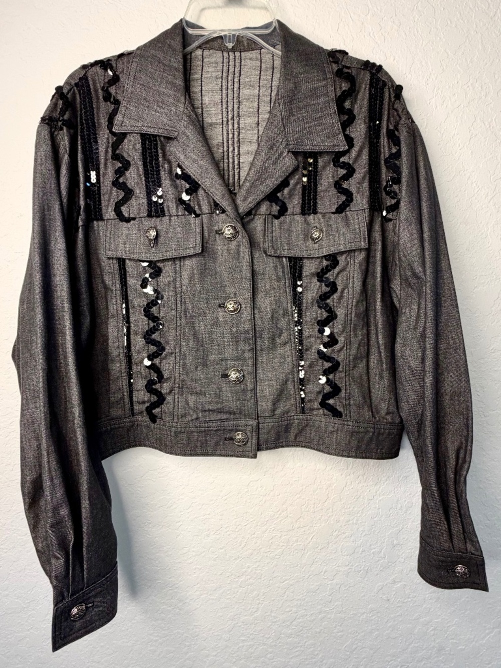 Ernesto Vintage-Style Cropped Grey Denim Black Sequin Accented Jacket, Size 12